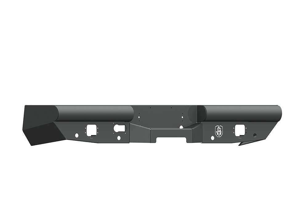 The 2010-2018 Ram 2500 Vaquero Rear Non-Winch Bumper in textured black features angular ends, multiple cutouts for accessories or lights, and a small circular logo on the right side. Shown from the back against a white background.
