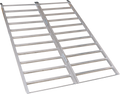 A pair of silver metal loading ramps with evenly spaced horizontal bars, hinged in the center to fold. The ramps are laid out on a white background, forming two parallel, ladder-like lanes for loading vehicles or equipment.
