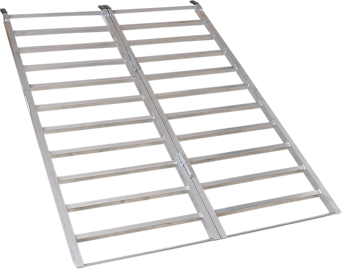 A pair of silver metal loading ramps with evenly spaced horizontal bars, hinged in the center to fold. The ramps are laid out on a white background, forming two parallel, ladder-like lanes for loading vehicles or equipment.