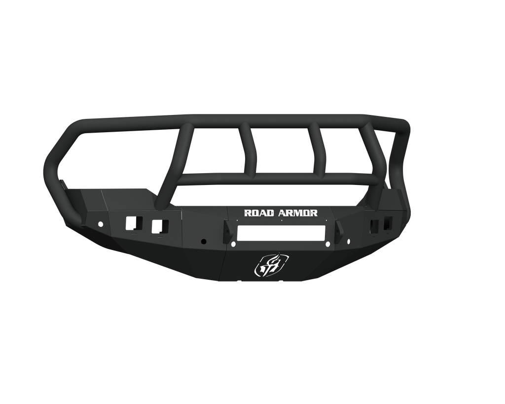 The 2013-2018 Ram 1500 Stealth Front Non-Winch Bumper Titan II Guard in texture black features a matte, angular design with a grille guard, multiple mounting slots, ROAD ARMOR in white on the front center, and a small emblem below.