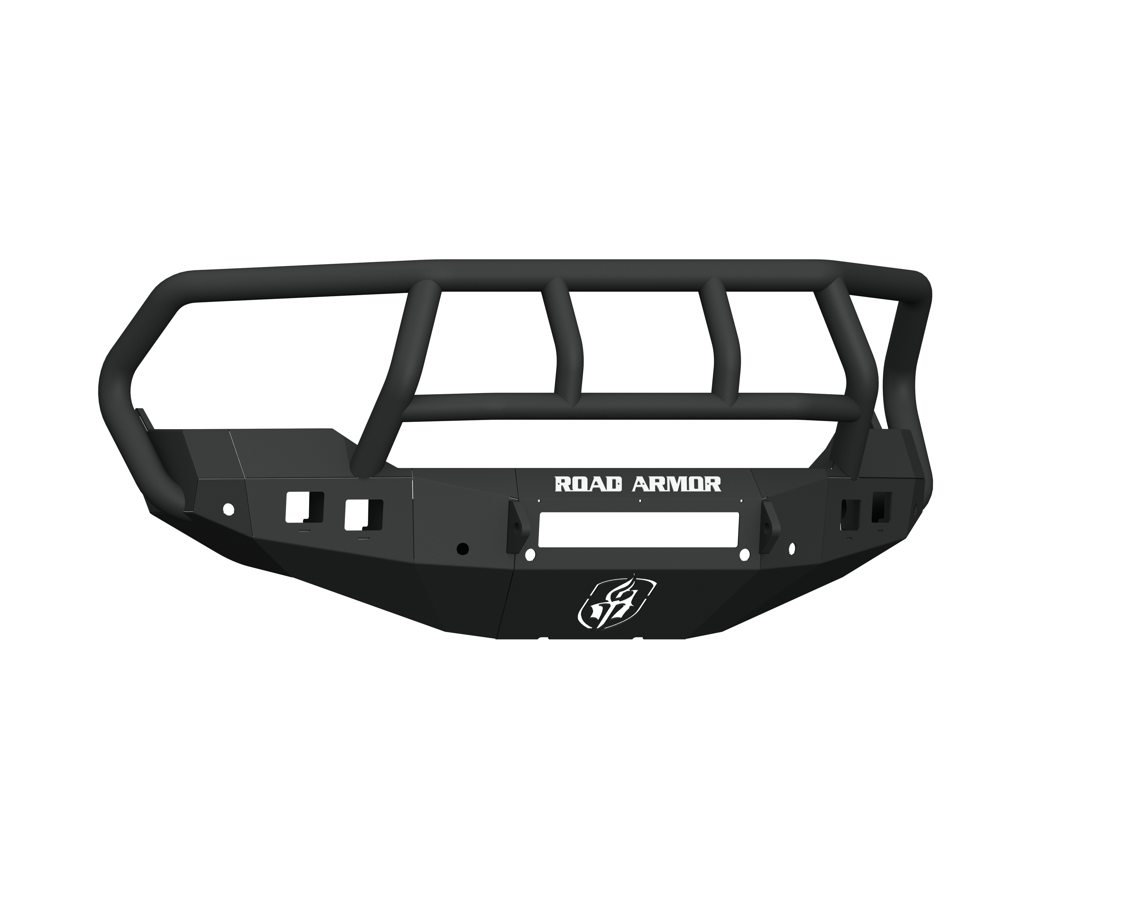 The 2013-2018 Ram 1500 Stealth Front Non-Winch Bumper Titan II Guard in texture black features a matte, angular design with a grille guard, multiple mounting slots, ROAD ARMOR in white on the front center, and a small emblem below.