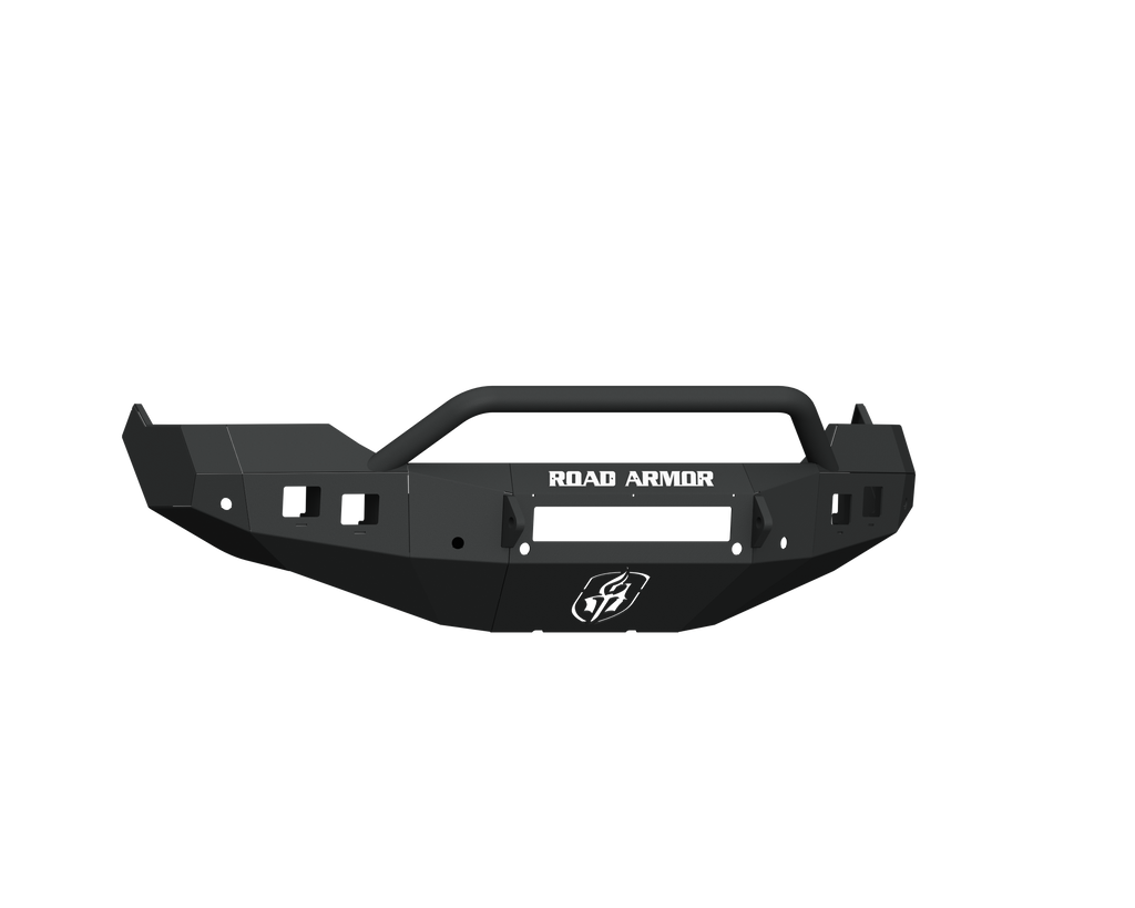 A texture black 2013-2018 Ram 1500 Stealth Front Non-Winch Bumper with a pre-runner guard, angular edges, light cutouts, “ROAD ARMOR” in white and a lion logo on the front, all set against a plain white background.