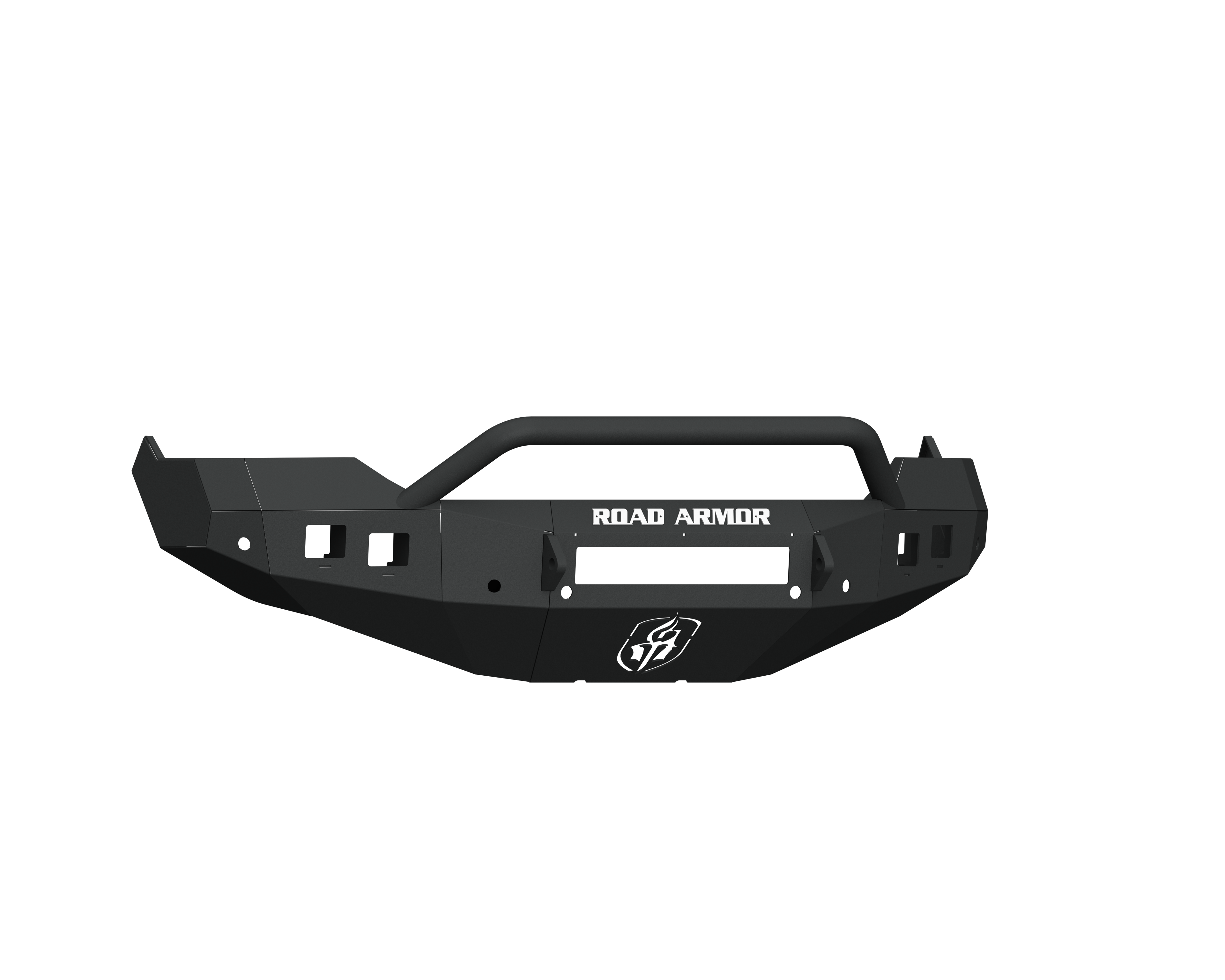 A texture black 2013-2018 Ram 1500 Stealth Front Non-Winch Bumper with a pre-runner guard, angular edges, light cutouts, “ROAD ARMOR” in white and a lion logo on the front, all set against a plain white background.