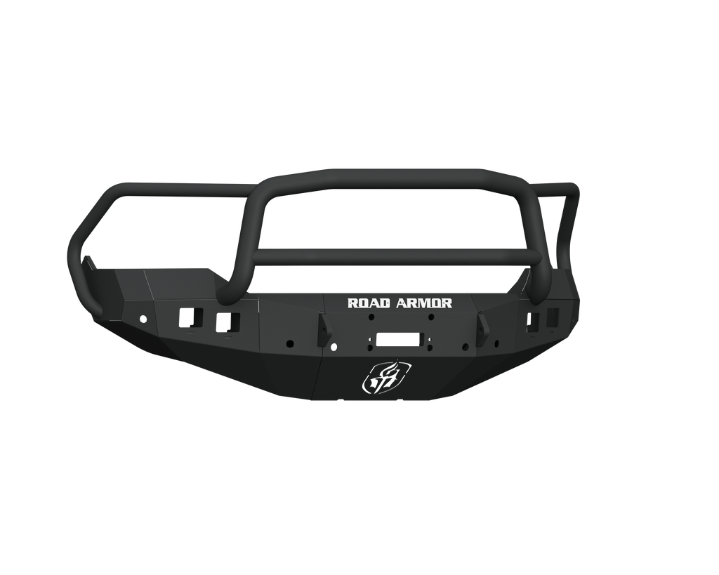 2013-2018 Ram 1500 Stealth Front Winch Bumper Lonestar Guard in texture black features an angular design, bull bar, multiple cutouts, ROAD ARMOR lettering with a shield logo, and fits Warn M12000/Smittybilt XRC winches. Transparent background.