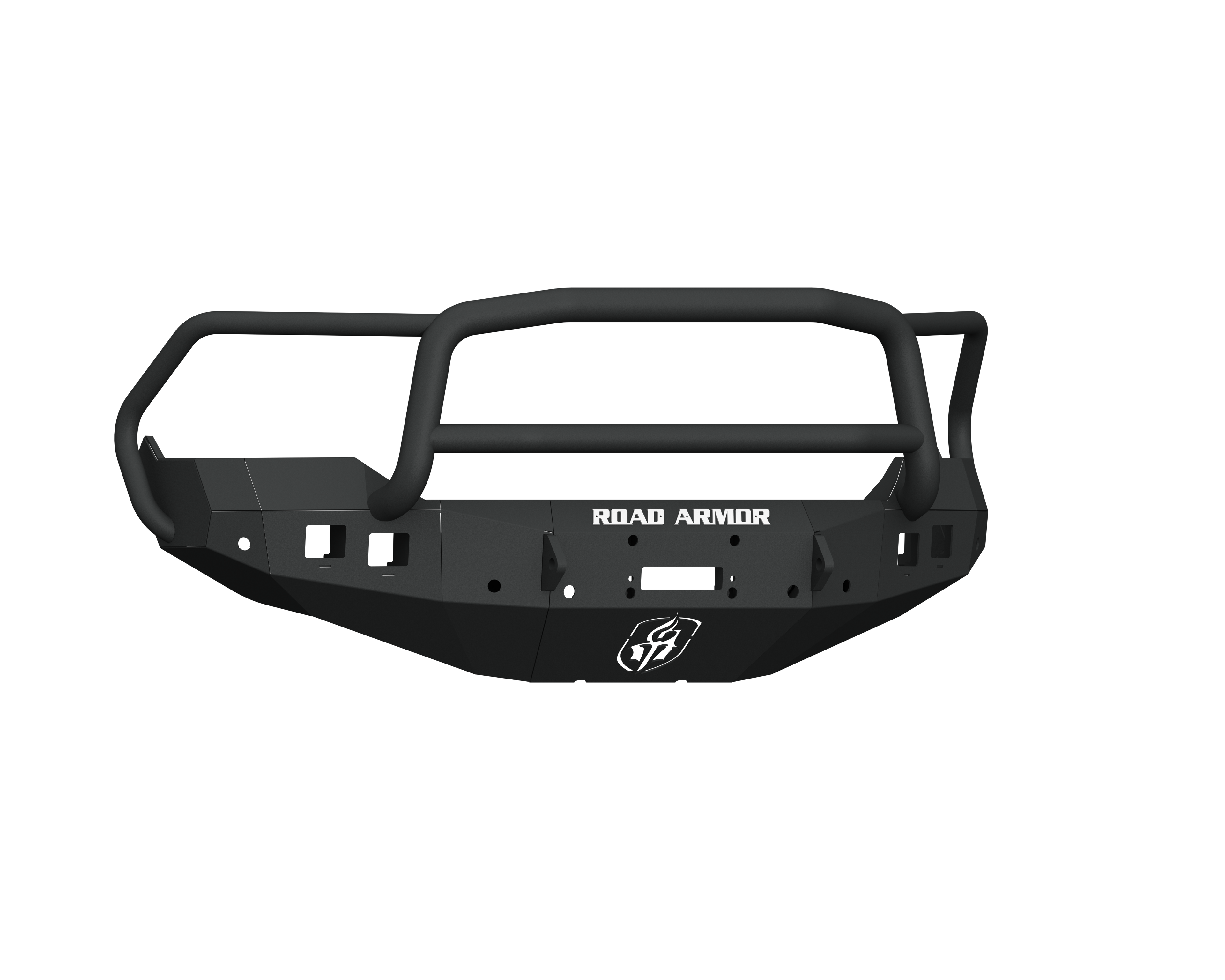 2013-2018 Ram 1500 Stealth Front Winch Bumper Lonestar Guard in texture black features an angular design, bull bar, multiple cutouts, ROAD ARMOR lettering with a shield logo, and fits Warn M12000/Smittybilt XRC winches. Transparent background.