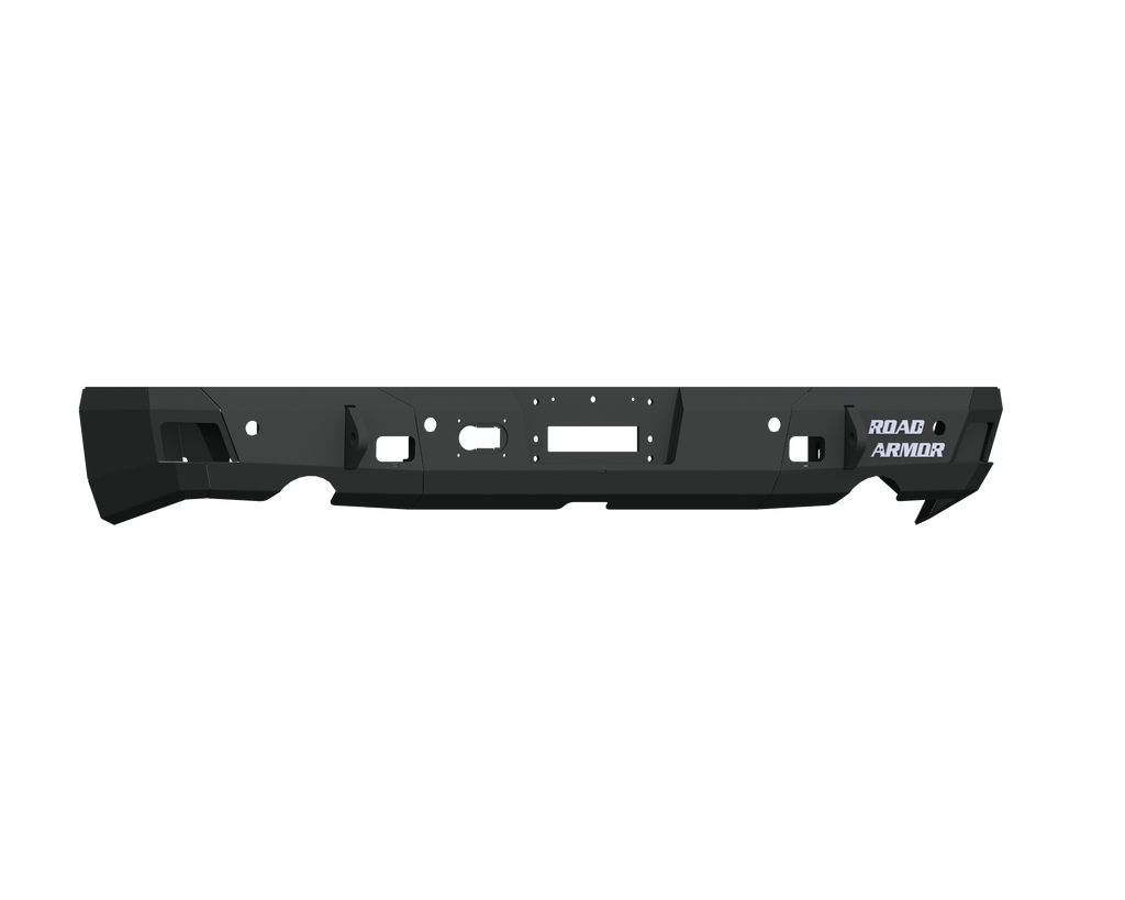The 2009-2018 Ram 1500 Stealth Rear Winch Bumper (Texture Black, Warn M8000 Only) features a matte finish, angular edges, mounting holes, cutouts for lights or sensors, and a white ROAD ARMOR logo—designed for rugged off-road protection.