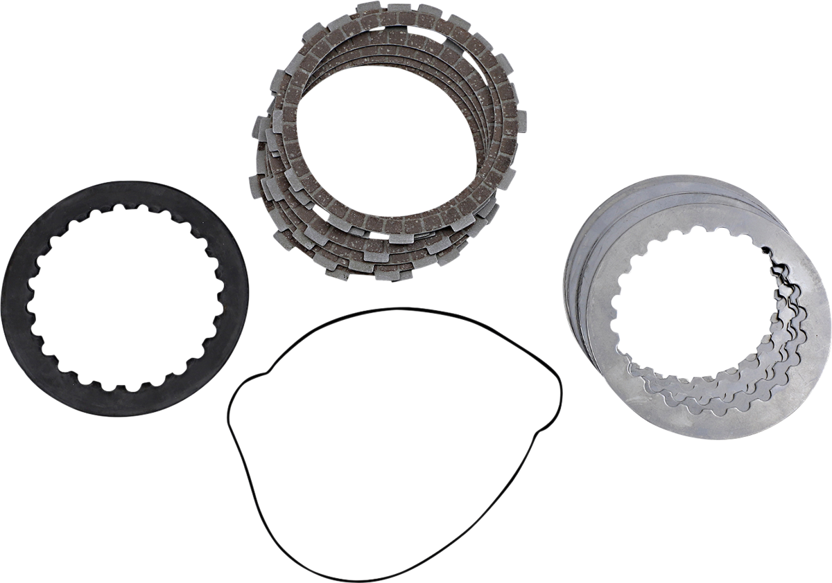 A set of motorcycle clutch plates and related components, including a stack of friction plates (top), a stack of steel plates (right), a round black gasket (left), and an irregularly shaped gasket (bottom), all arranged on a white background.
