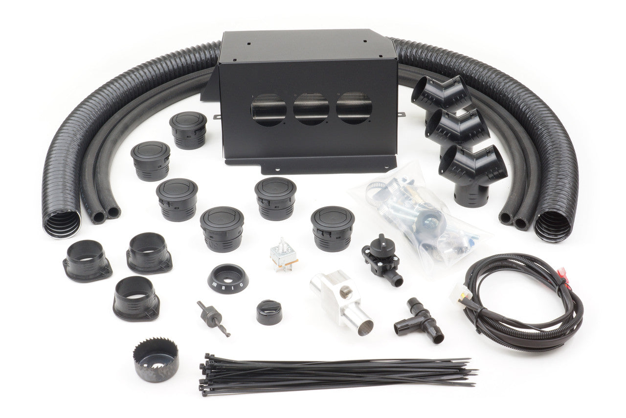 The Kawasaki Teryx 4 (2012-2015) / Teryx 800 (2014-2015) Ice Crusher Cab Heater kit is displayed on a white background with all components—heater box, ducts, vents, connectors, clamps, harness, switches—neatly arranged and visible.