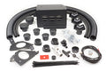 The Kawasaki Teryx 4/800 (2016-2021) Ice Crusher Cab Heater kit includes black plastic and metal HVAC parts—hoses, adapters, connectors, vents, wiring harness, fasteners, cable ties, and a rectangular metal enclosure—displayed on white.