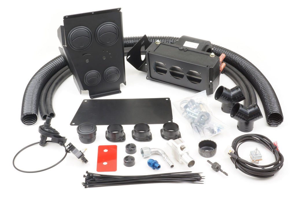 The John Deere Gator 625i Under Hood (2011-2018) Ice Crusher Cab Heater kit is shown with black hoses, ducts, control box, connectors, fasteners, wiring, zip ties, grommet, red mounting plates & vent covers on a white background.