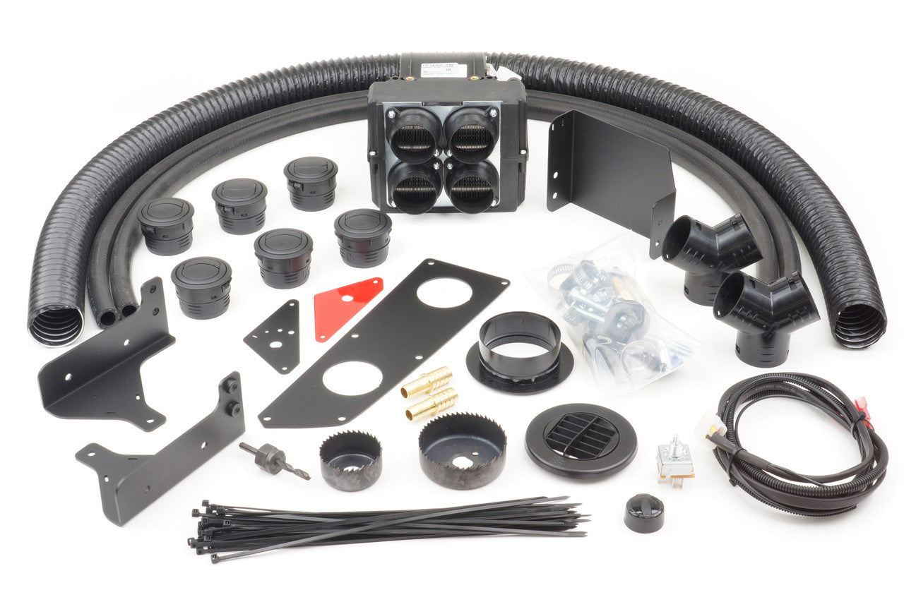The Honda Talon (2019-2024) Ice Crusher Cab Heater kit is displayed on a white background with hoses, a vent box, black vents, metal brackets, wiring harness, zip ties, connectors, hose clamps, hole saws, and a small hardware bag.