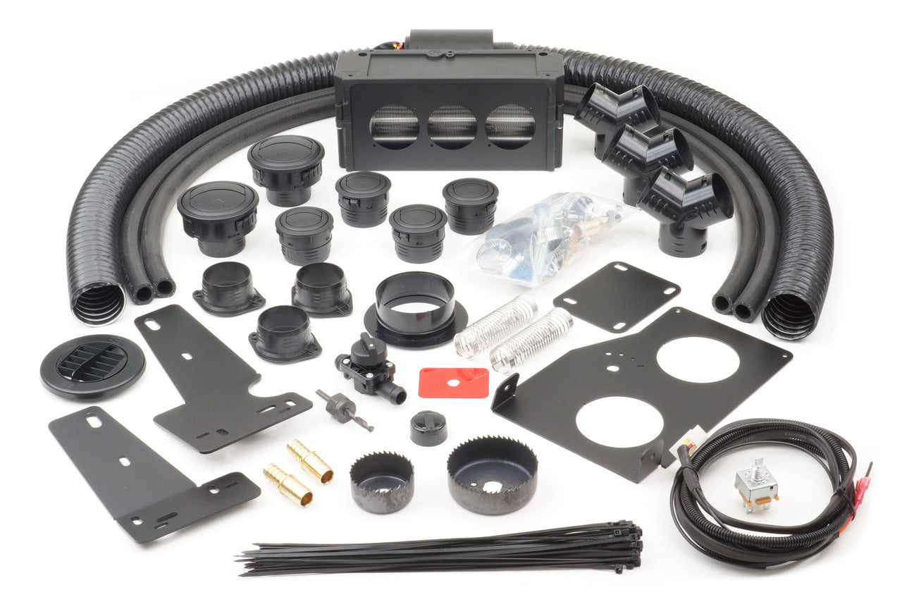 A Polaris Ranger Midsize 570 (2015-2021) Ice Crusher Cab Heater kit is displayed on a white background, showing hoses, vents, brackets, connectors, wiring cable, cable ties, hole saw blades, springs, and screws.