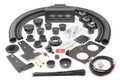 A Polaris Ranger Midsize 500 (2017-2024) Ice Crusher Cab Heater kit, featuring black HVAC hoses, vents, connectors, mounting plates, screws, cable ties, hole saws, wiring, springs, and fasteners arranged on a white surface.