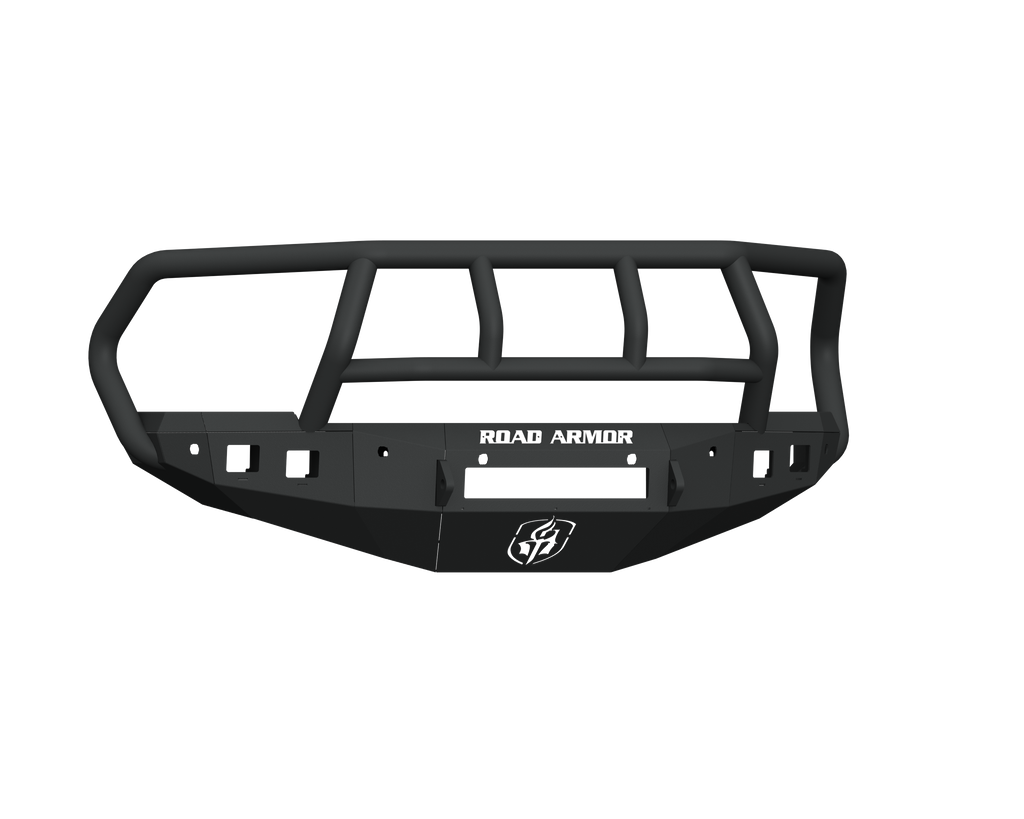 A textured black 2016-2018 Ram 2500 Stealth Front Non-Winch Bumper with Titan II Guard features an angular design, 6 sensor holes, multiple mounting slots, and “ROAD ARMOR” in white at the center plus a bottom-center logo.