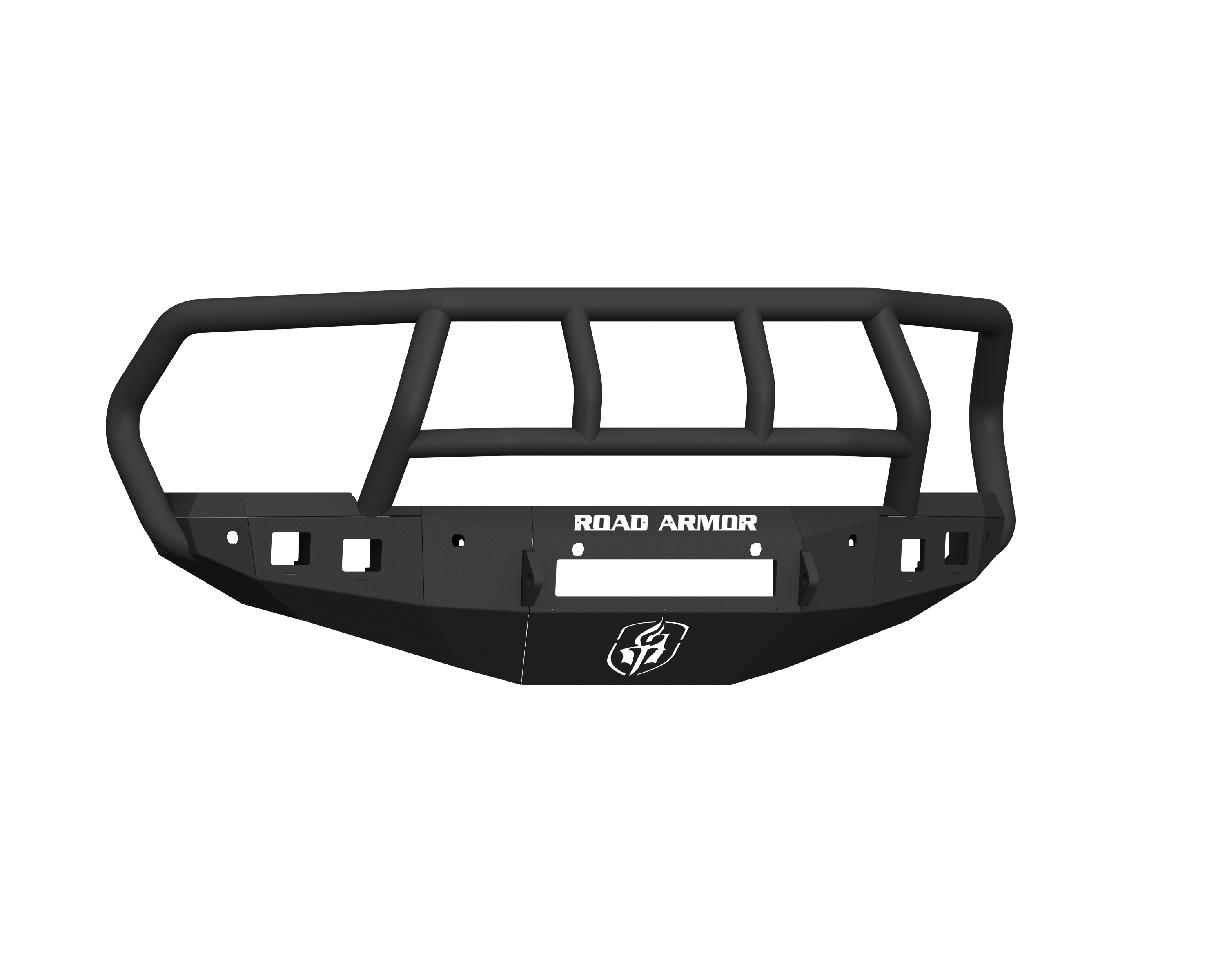 A textured black 2016-2018 Ram 2500 Stealth Front Non-Winch Bumper with Titan II Guard features an angular design, 6 sensor holes, multiple mounting slots, and “ROAD ARMOR” in white at the center plus a bottom-center logo.