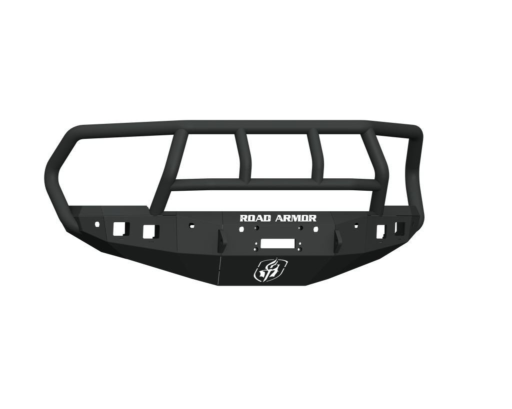 A textured black 2016+ Ram 2500 Stealth Front Winch Bumper Titan II Guard features a heavy-duty angular steel design, 6 sensor holes, cutouts, mounting points, ROAD ARMOR in white on the front, and a lightning bolt logo on the lower center panel.