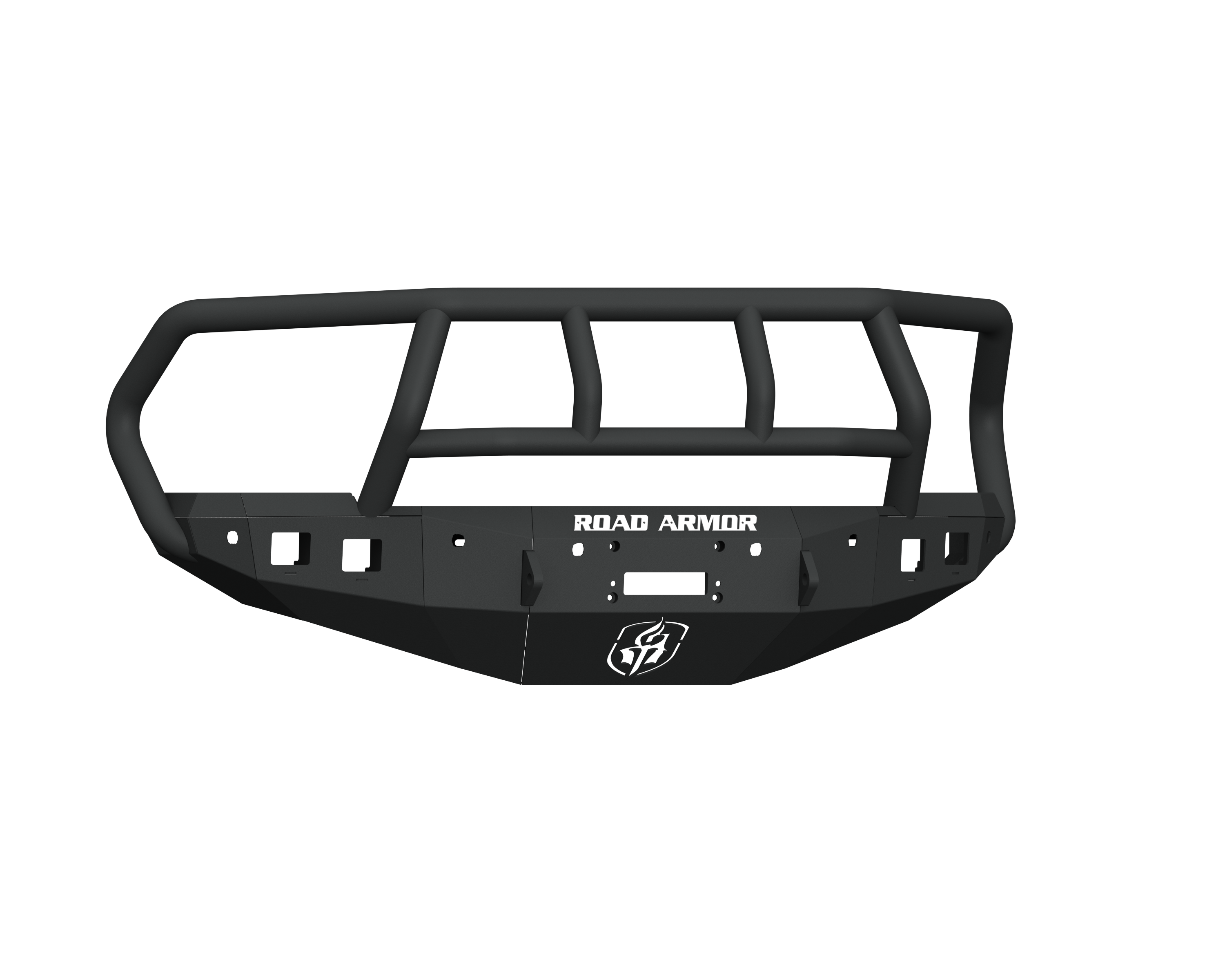 A textured black 2016+ Ram 2500 Stealth Front Winch Bumper Titan II Guard features a heavy-duty angular steel design, 6 sensor holes, cutouts, mounting points, ROAD ARMOR in white on the front, and a lightning bolt logo on the lower center panel.