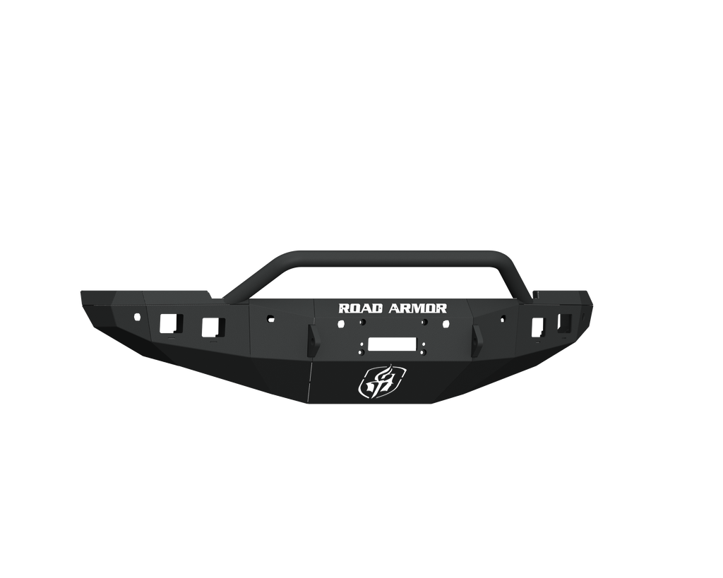 The 2016+ Ram 2500 Stealth Front Winch Bumper Pre-Runner Guard features an angular, textured black design, center bar, six sensor holes, and light cutouts. ROAD ARMOR branding and shield emblem appear on the front. Shown isolated on white background.