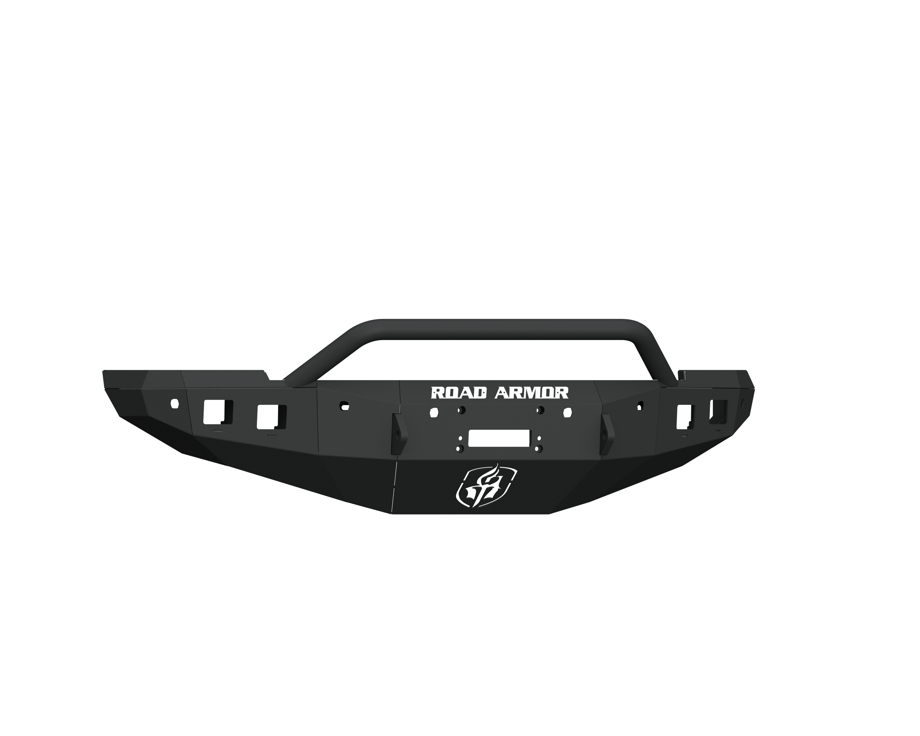 The 2016+ Ram 2500 Stealth Front Winch Bumper Pre-Runner Guard features an angular, textured black design, center bar, six sensor holes, and light cutouts. ROAD ARMOR branding and shield emblem appear on the front. Shown isolated on white background.