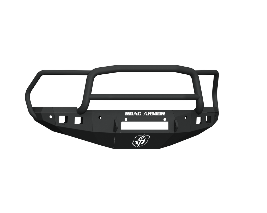 A textured black 2016-2018 Ram 2500 Stealth Front Non-Winch Bumper with Lonestar Guard features an angular, heavy-duty design, grille guard, 6 sensor holes, accessory mounts, and the ROAD ARMOR logo in white above the central cutout.