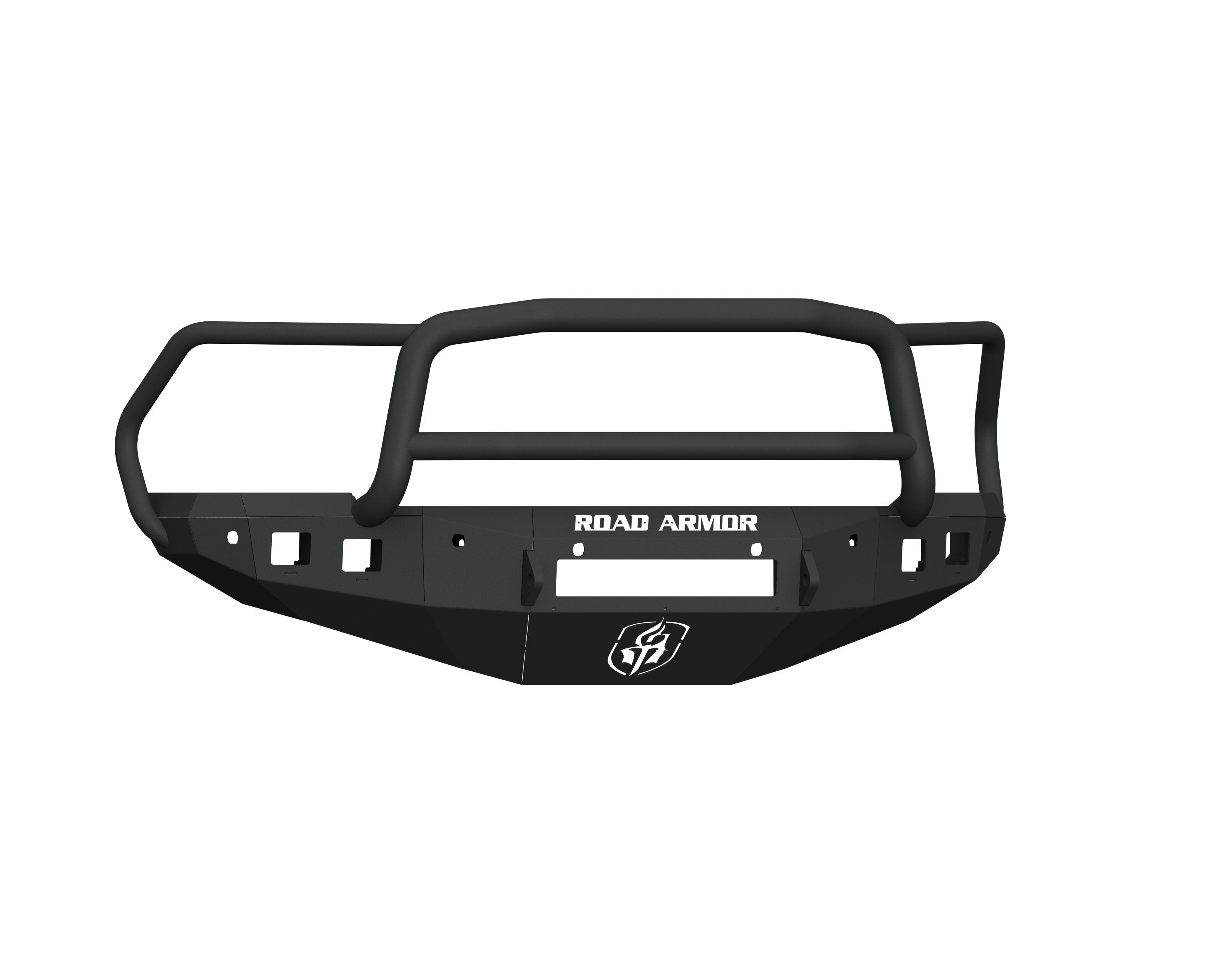 A textured black 2016-2018 Ram 2500 Stealth Front Non-Winch Bumper with Lonestar Guard features an angular, heavy-duty design, grille guard, 6 sensor holes, accessory mounts, and the ROAD ARMOR logo in white above the central cutout.