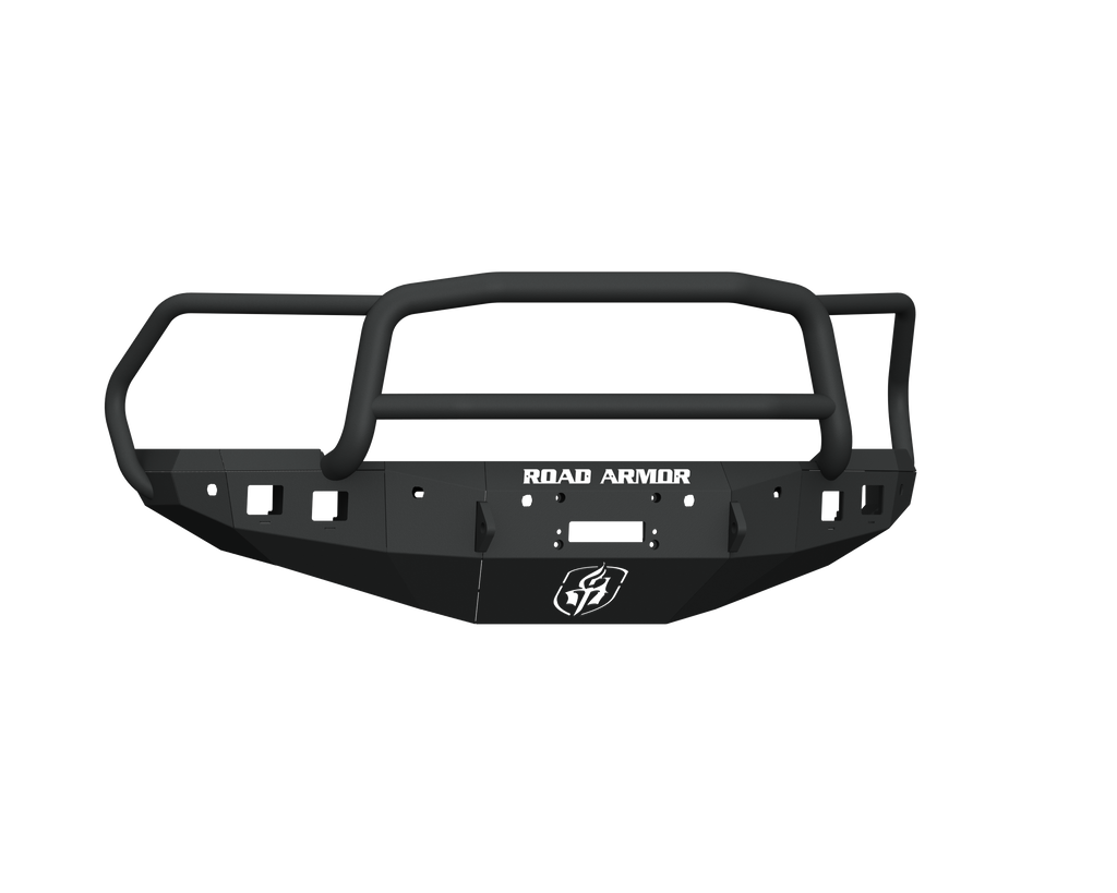 A texture black Stealth Front Winch Bumper for 2016-2018 Ram 2500 features a Lonestar Guard, bull bar, 6 sensor holes, angular design, and a stylized logo. Compatible with Warn M12000 and Smittybilt XRC winches, shown against a plain white background.