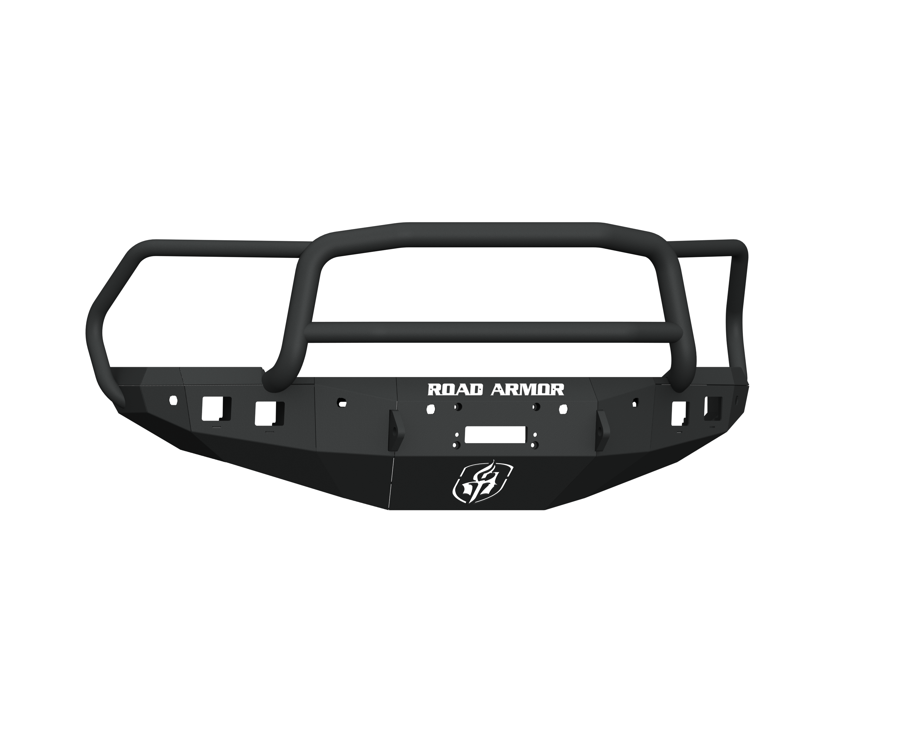 A texture black Stealth Front Winch Bumper for 2016-2018 Ram 2500 features a Lonestar Guard, bull bar, 6 sensor holes, angular design, and a stylized logo. Compatible with Warn M12000 and Smittybilt XRC winches, shown against a plain white background.