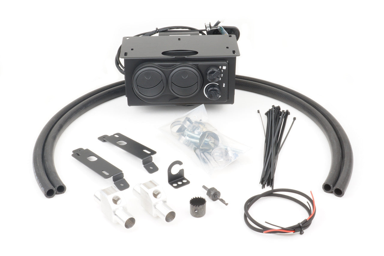 The Hisun/Coleman/Bennche/Massimo 500/700 (2014-2021) Ice Crusher Cab Heater is shown on a white background with a black control unit, vents, knobs, two hoses, metal brackets, mounting hardware, zip ties, wiring harness, and small parts.