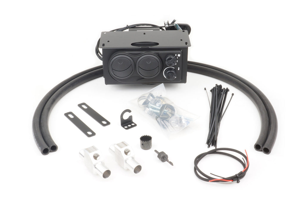 The Hisun/Coleman 400 (2016-2023) Ice Crusher Cab Heater kit includes a black control unit, two black hoses, mounting brackets, silver fittings, wiring with red/black leads, screws, zip ties, and installation hardware on a white background.