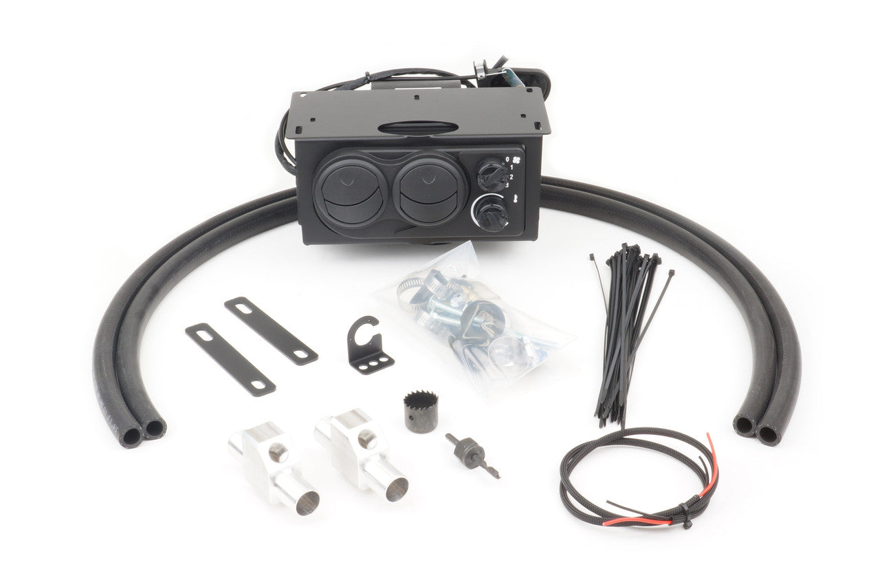 The Hisun/Coleman 400 (2016-2023) Ice Crusher Cab Heater kit includes a black control unit, two black hoses, mounting brackets, silver fittings, wiring with red/black leads, screws, zip ties, and installation hardware on a white background.