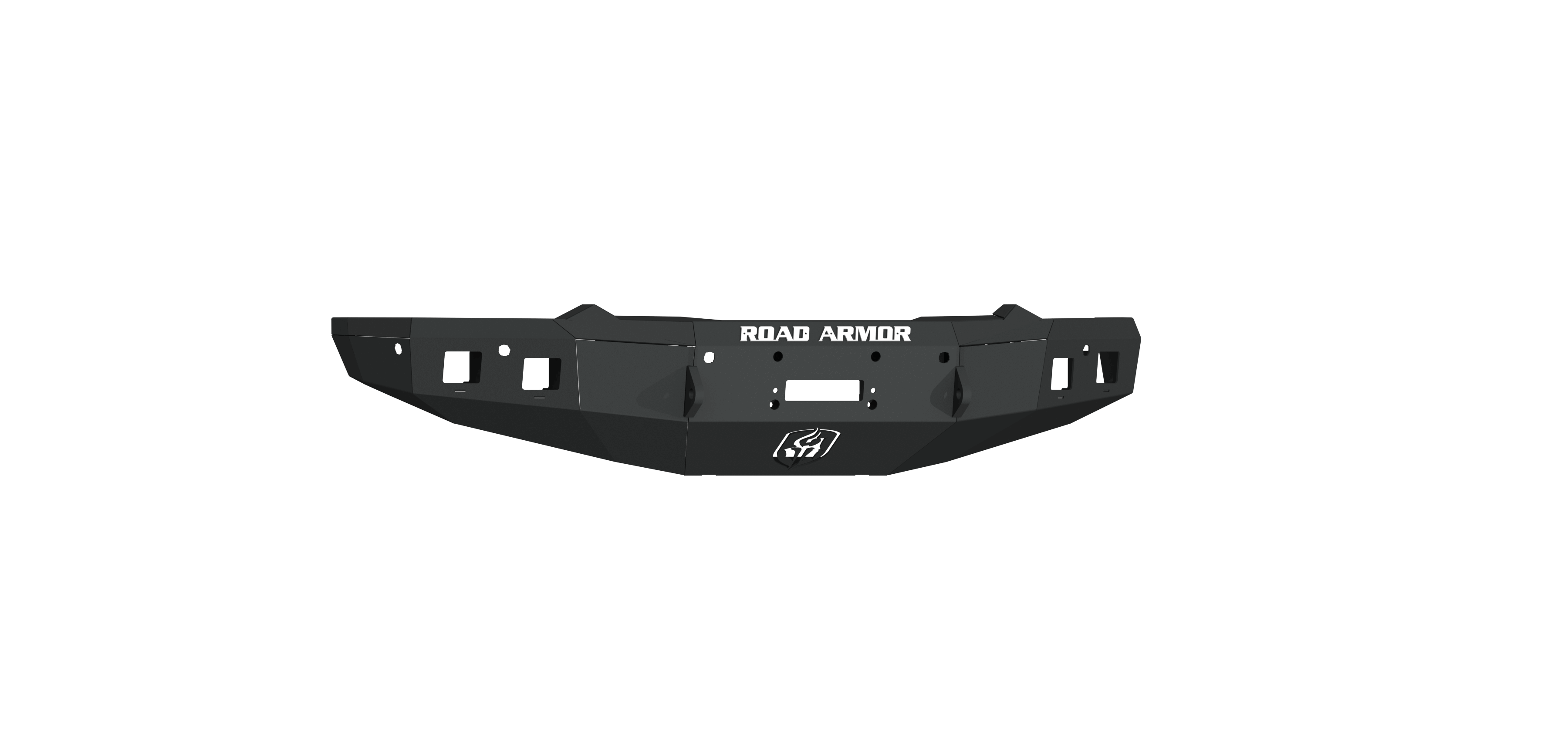 A 2019+ Ram 1500 Stealth Front Winch Bumper in textured black with angular edges, square cutouts, ROAD ARMOR in white at the top center, and the Road Armor logo on the lower front panel. Compatible with Warn Zeon 10S and Smittybilt XRC. Transparent backgr