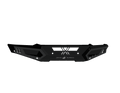 The 2019+ Ram 1500 Spartan Front Bumper in textured black features an angular matte finish, geometric cutouts, arrow-shaped side accents, and a central HIGH X ARMOR logo. Its shown against a plain black background.