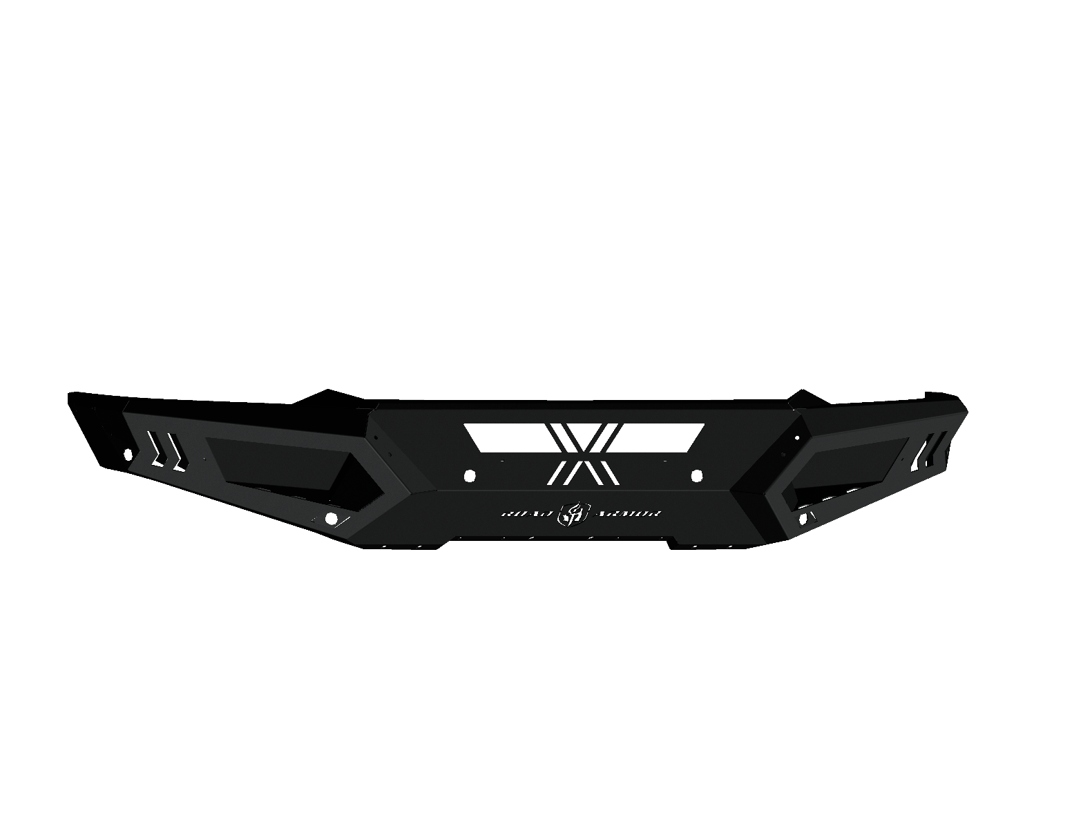 The 2019+ Ram 1500 Spartan Front Bumper in textured black features an angular matte finish, geometric cutouts, arrow-shaped side accents, and a central HIGH X ARMOR logo. Its shown against a plain black background.