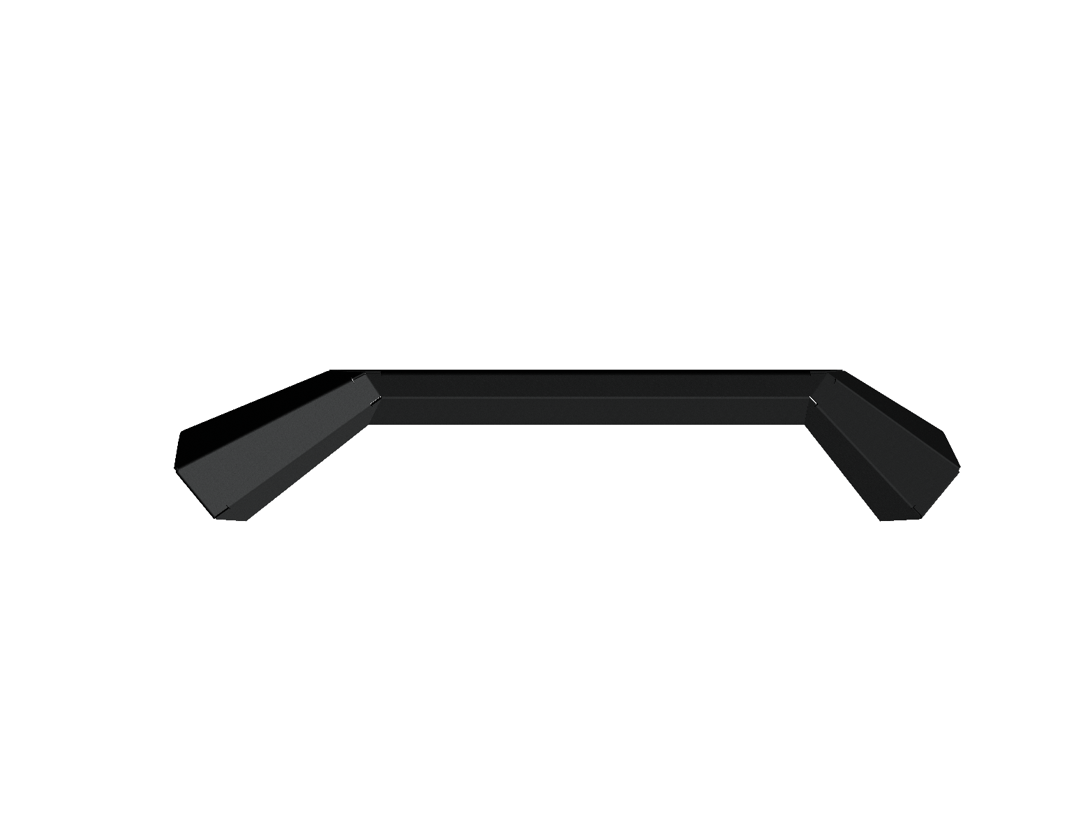 A minimalistic, symmetrical black angular three-segmented bar forms a shallow, open rectangle centered on a solid black background, representing the 2019+ Ram 1500 Spartan Front Bumper Bolt-On Pre-Runner Guard in textured black by Road Armor.