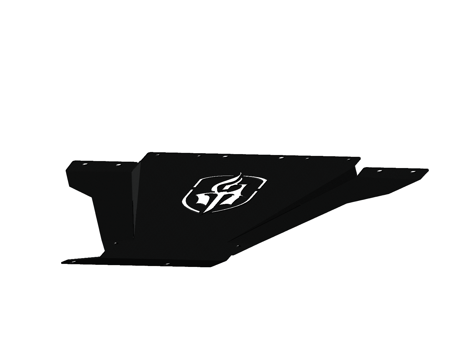 The 2019+ Ram 1500 Spartan Front Bumper Bolt-On Accessory Skid Plate Guard by Road Armor features a textured black finish, angular edges, a flame logo cutout, and multiple bolt holes, shown against a solid black background.