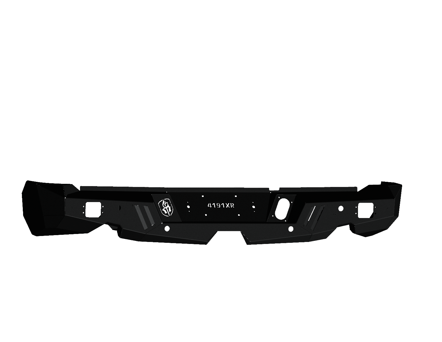 The 2019+ Ram 1500 Spartan Rear Bumper in textured black features angular edges, central logo, cutouts, bolt holes, and rugged ridges for a sturdy, utilitarian look—ideal for off-road or heavy-duty use.