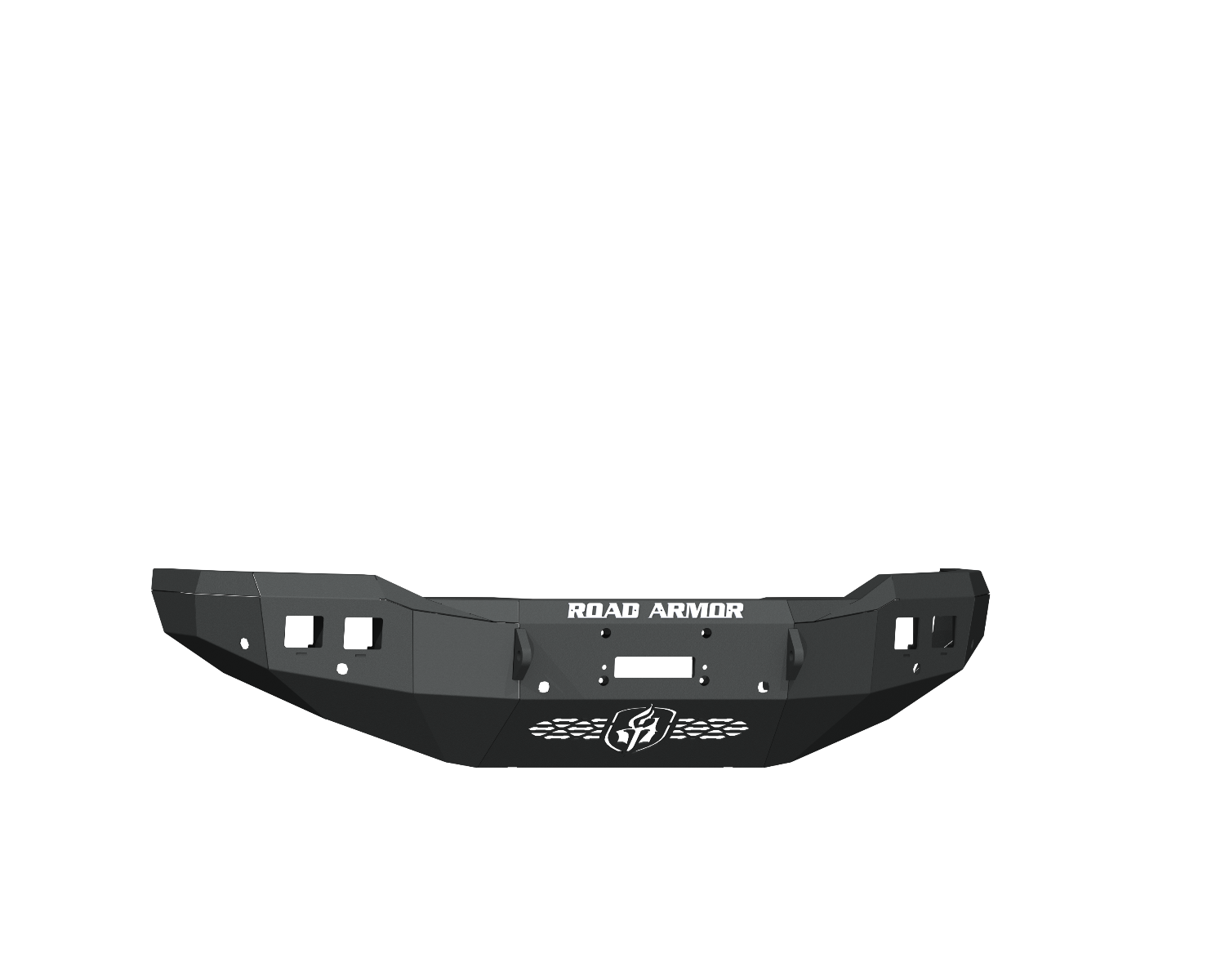 A texture black, angular steel Stealth Front Winch Bumper for 2019+ Ram 2500 features 6 sensor holes, light cutouts, a Warn M12000 winch mount, bold ROAD ARMOR lettering above the logo, and a rugged off-road design on a white background.