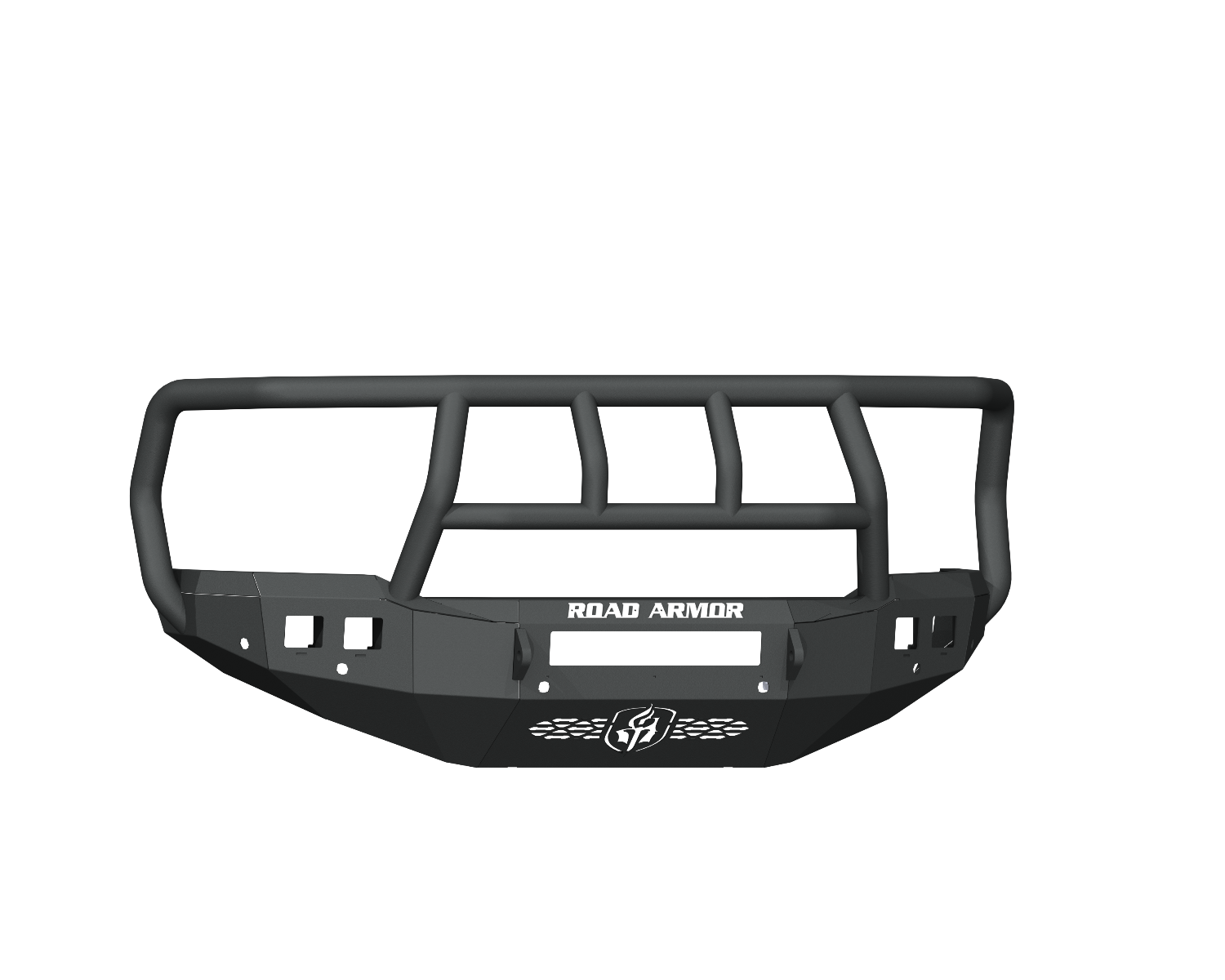 The 2019+ Ram 2500 Stealth Front Non-Winch Bumper Titan II Guard features a rugged, angular textured black design with built-in grille guard, 6 sensor holes, light cutouts, and ROAD ARMOR branding in white across the center. Logo is engraved at the bottom