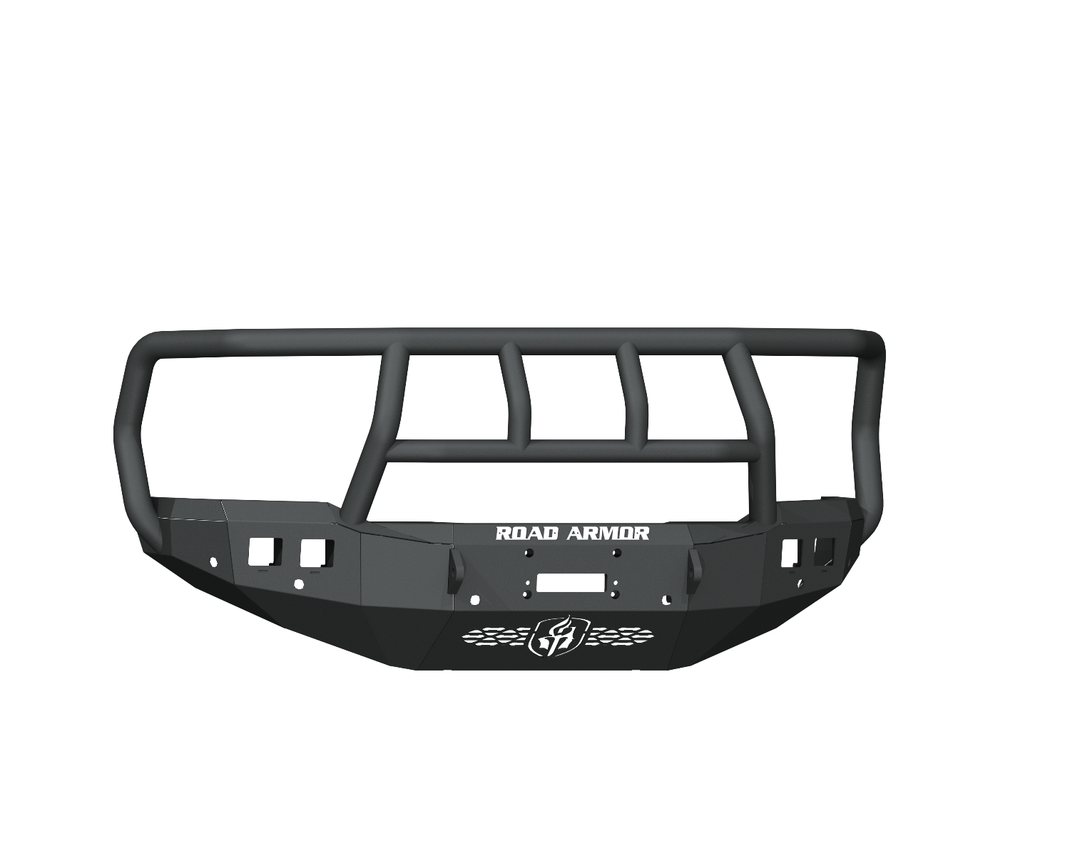 A textured black 2019+ Ram 2500 Stealth Front Winch Bumper (Titan II Guard) features heavy-duty steel, a protective grille guard, six sensor holes, multiple cutouts, “ROAD ARMOR” in white on the center bar, and a logo emblem on the lower front.