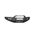 A texture black 2019+ Ram 2500 Stealth Front Non-Winch Bumper features a sheet metal pre-runner guard, angular design, 6 sensor holes, “ROAD ARMOR” cutout, logo on lower front, and square light slots. Isolated on transparent background.