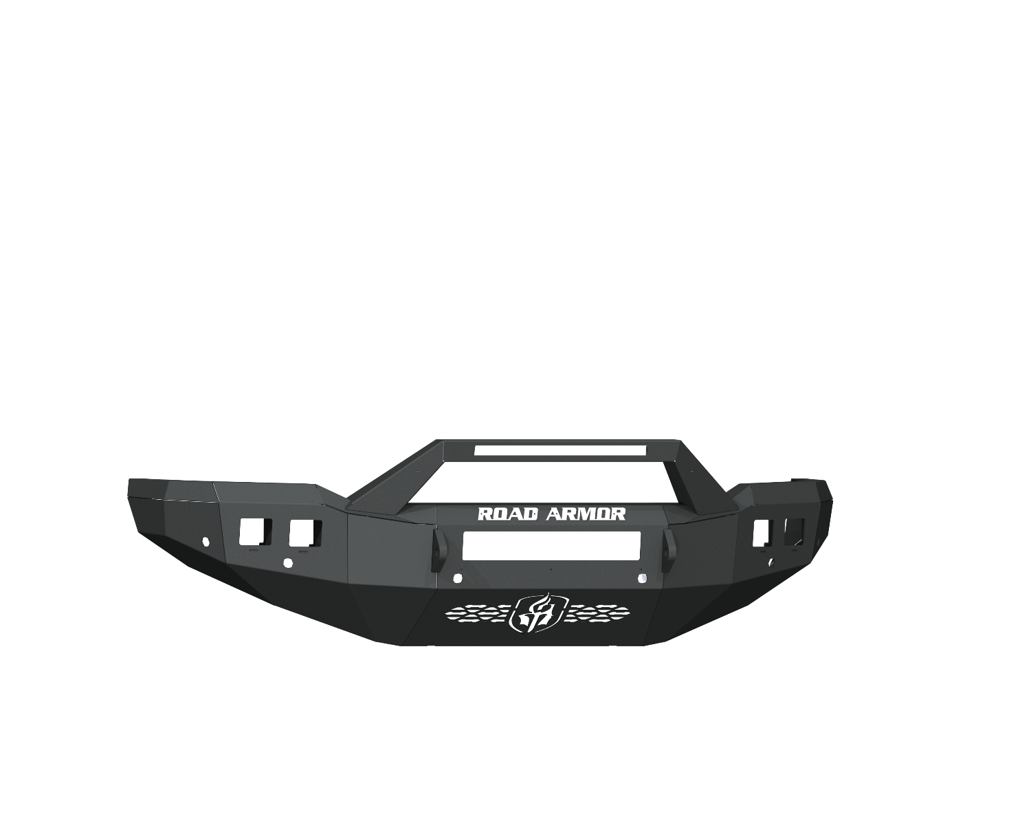 A texture black 2019+ Ram 2500 Stealth Front Non-Winch Bumper features a sheet metal pre-runner guard, angular design, 6 sensor holes, “ROAD ARMOR” cutout, logo on lower front, and square light slots. Isolated on transparent background.