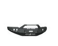 A textured black 2019+ Ram 2500 Stealth Front Winch Bumper features a pre-runner guard, ROAD ARMOR logo, shield emblem, 6 sensor holes, light cutouts, and rugged sheet metal design for added protection. Fits Warn M12000.