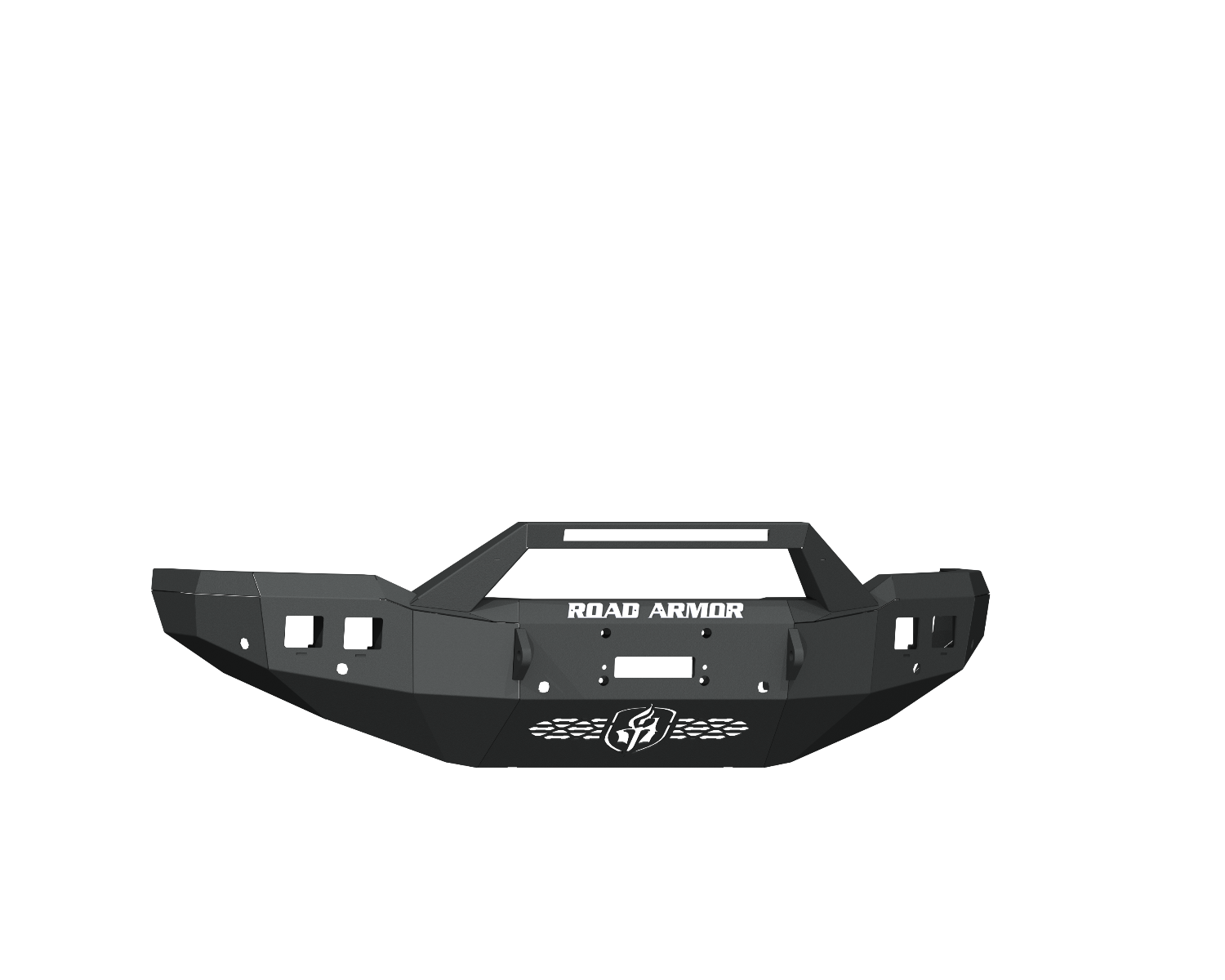 A textured black 2019+ Ram 2500 Stealth Front Winch Bumper features a pre-runner guard, ROAD ARMOR logo, shield emblem, 6 sensor holes, light cutouts, and rugged sheet metal design for added protection. Fits Warn M12000.