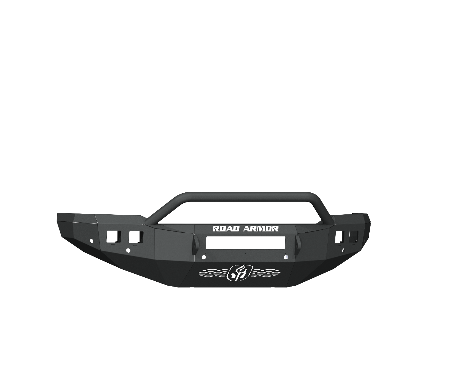 The 2019+ Ram 2500 Stealth Front Non-Winch Bumper (Pre-Runner Guard, 6 Sensor Holes) features angular edges, a rectangular cutout, sturdy grille guard bar, “ROAD ARMOR” in white above the cutout, and an embossed Road Armor logo below.