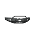 The 2019+ Ram 2500 Stealth Front Winch Bumper Pre-Runner Guard features a textured black finish, central hoop, winch mount for Warn M12000, 6 sensor holes, angular reinforced design, square light cutouts, and ROAD ARMOR logo.