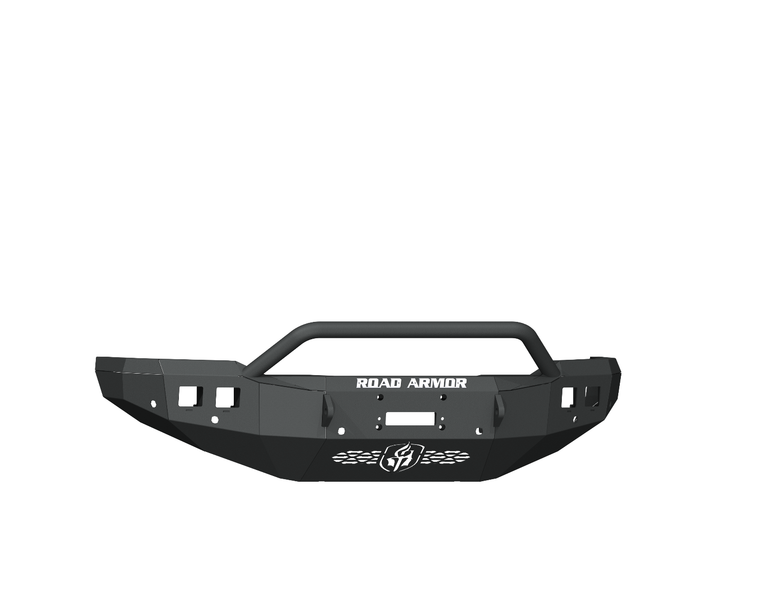 The 2019+ Ram 2500 Stealth Front Winch Bumper Pre-Runner Guard features a textured black finish, central hoop, winch mount for Warn M12000, 6 sensor holes, angular reinforced design, square light cutouts, and ROAD ARMOR logo.