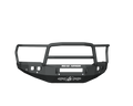 A textured black 2019+ Ram 2500 Stealth Front Non-Winch Bumper with Lonestar Guard features six sensor holes, angular lines, integrated light mounts, a ROAD ARMOR logo and text at the center for a rugged, utilitarian look.
