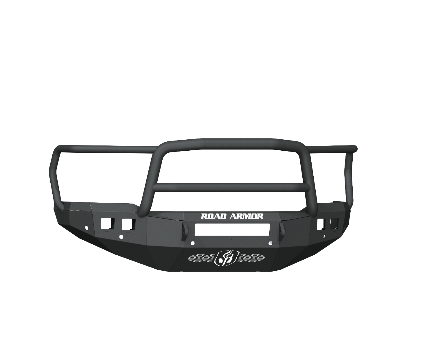 A textured black 2019+ Ram 2500 Stealth Front Non-Winch Bumper with Lonestar Guard features six sensor holes, angular lines, integrated light mounts, a ROAD ARMOR logo and text at the center for a rugged, utilitarian look.