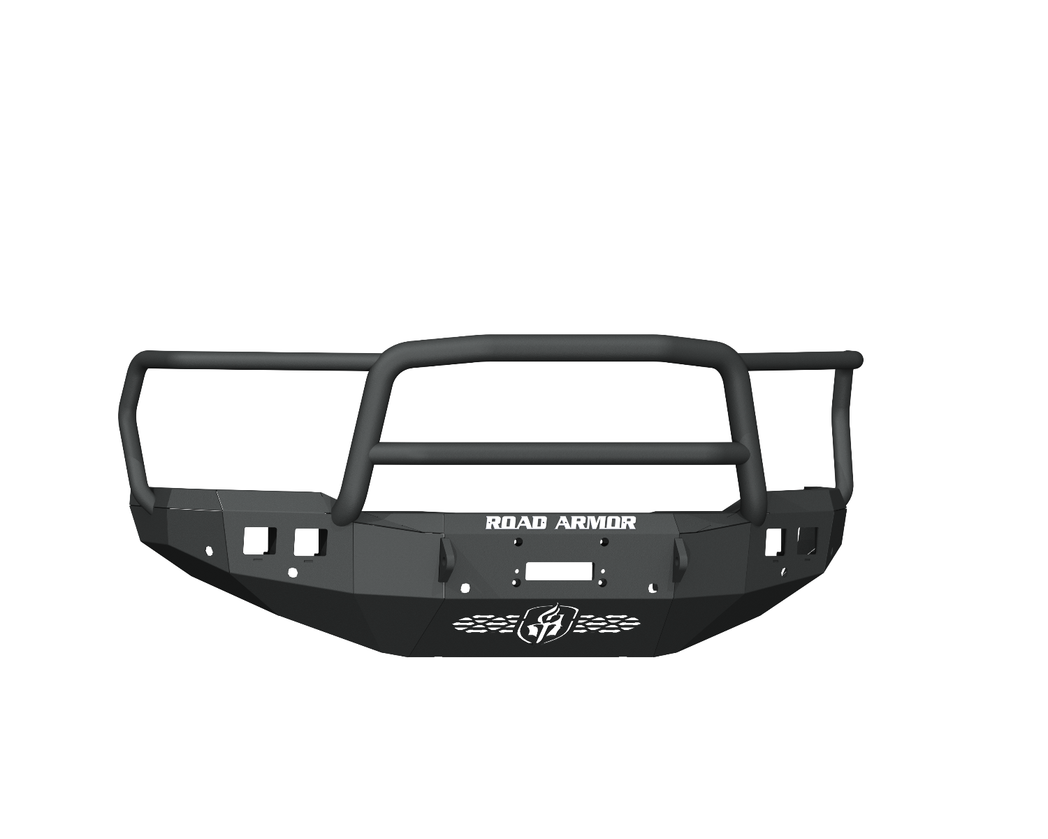 A textured black steel Stealth Front Winch Bumper for 2019+ Ram 2500, featuring a Lonestar Guard, six sensor holes, “ROAD ARMOR” in white with a decorative logo, multiple mounting points, and angular off-road-ready design. Fits Warn M12000 winch.