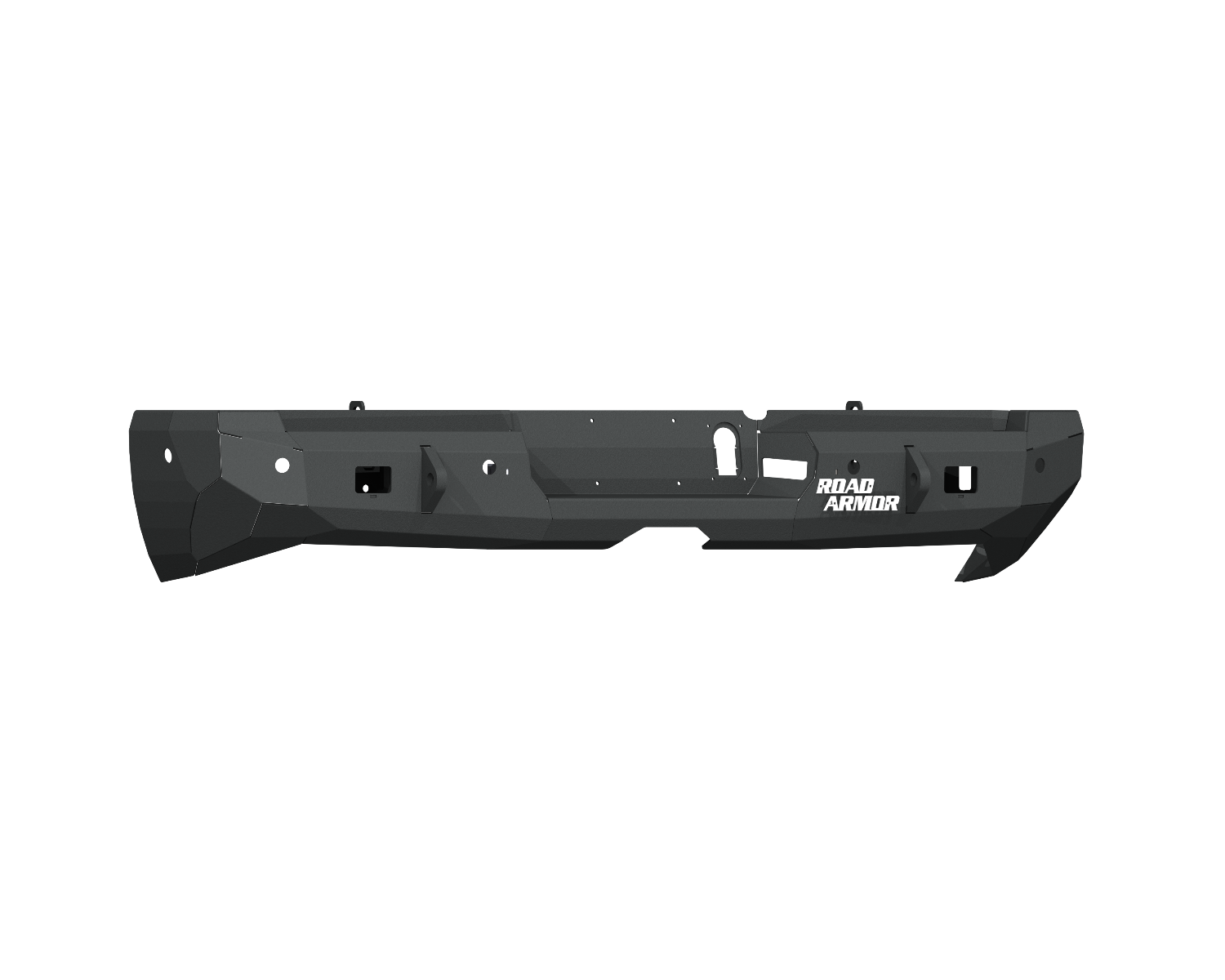 The 2019+ Ram 2500 Stealth Rear Non-Winch Bumper in textured black features angular metal construction, light cutouts, a rugged geometric design for off-road use, and the “Road Armor” logo in white on the right side.